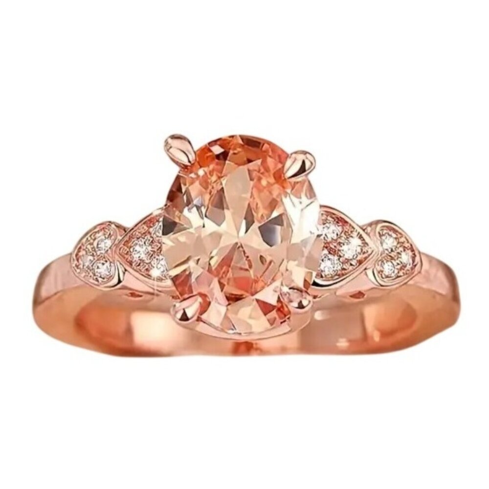 Oval Cut Morganite Engagement Bridal Ring Rose Gold Half Eternity Diamond Hearts
